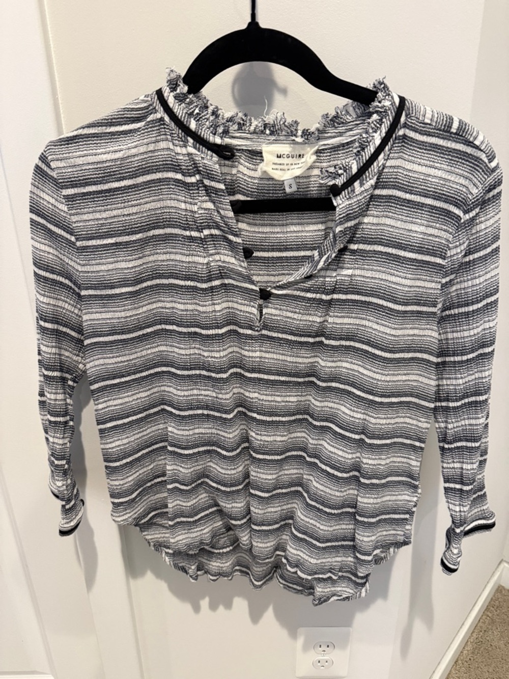 McGuire Denim Navy & White Striped Ruffle-Trim Pullover Blouse
